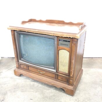 1980s country style wood console tv prop rental new york